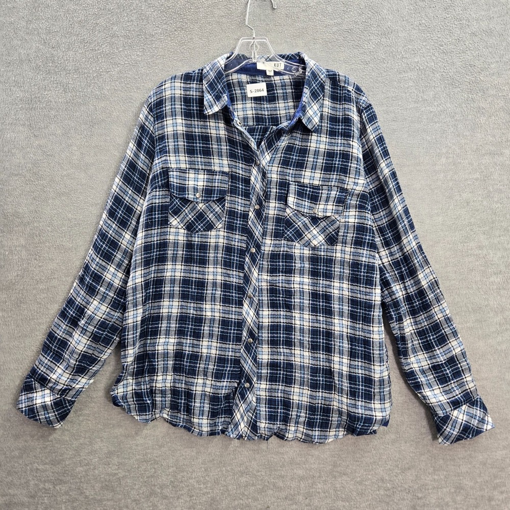 KUT Women Top Large Blue Tartan Plaid Snap Button Up Pockets Long Sleeve READ - Picture 1 of 11